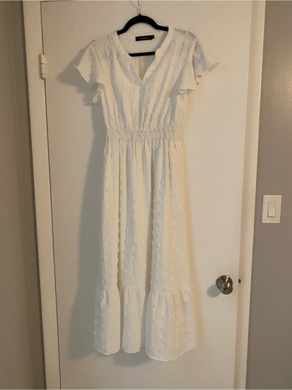 White V-Neck Maxi Dress with Smocked Waist and Flutter Sleeves